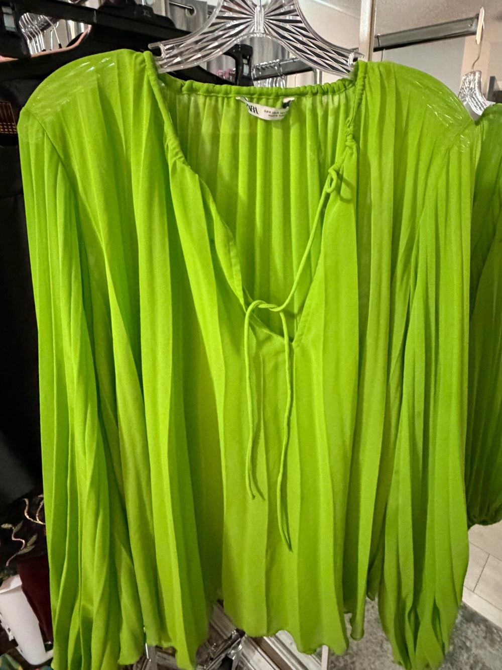 Zara Neon Lime Pleated Tie-Front Blouse